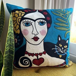 Embroidered Frida and Cat Throw Pillow Cover